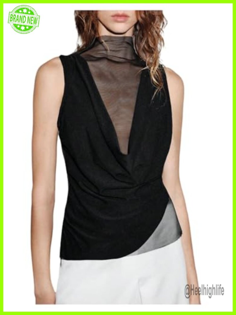 Sheer Mesh Turtleneck Tank Top Sleeveless Fitted Draped Front Going Out Top